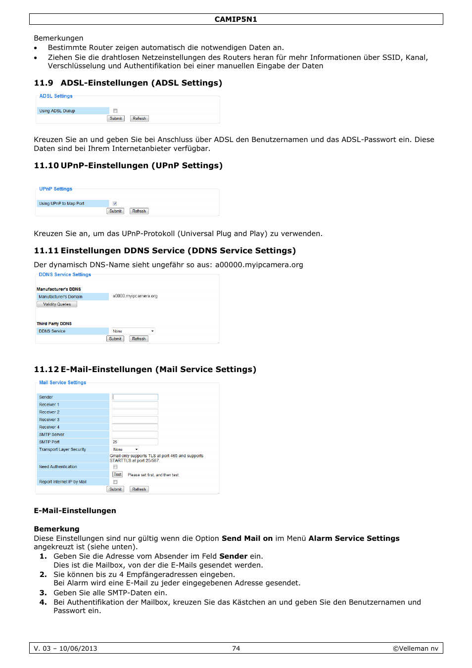 Bemerkungen, 9 adsl-einstellungen (adsl settings), 10 upnp-einstellungen (upnp settings) | 12 e-mail-einstellungen (mail service settings), E-mail-einstellungen, Bemerkung | Velleman CAMIP5N1 User manual User Manual | Page 74 / 114