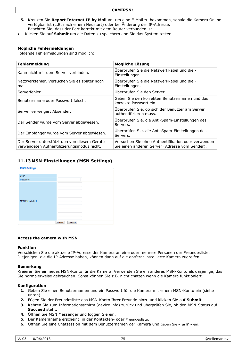 Mögliche fehlermeldungen, 13 msn-einstellungen (msn settings), Access the camera with msn | Funktion, Bemerkung, Konfiguration | Velleman CAMIP5N1 User manual User Manual | Page 75 / 114