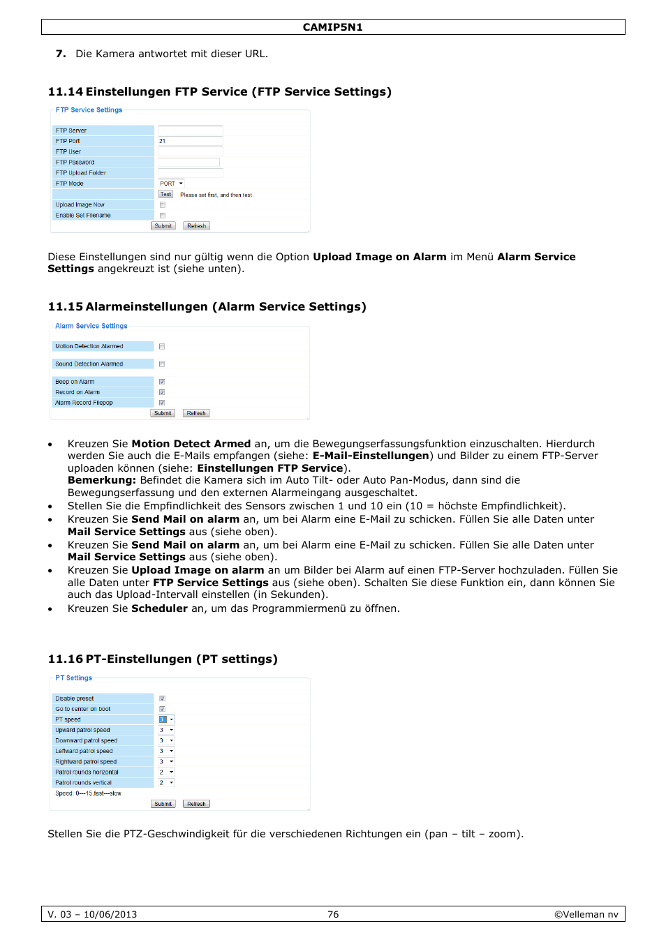 15 alarmeinstellungen (alarm service settings), 16 pt-einstellungen (pt settings) | Velleman CAMIP5N1 User manual User Manual | Page 76 / 114