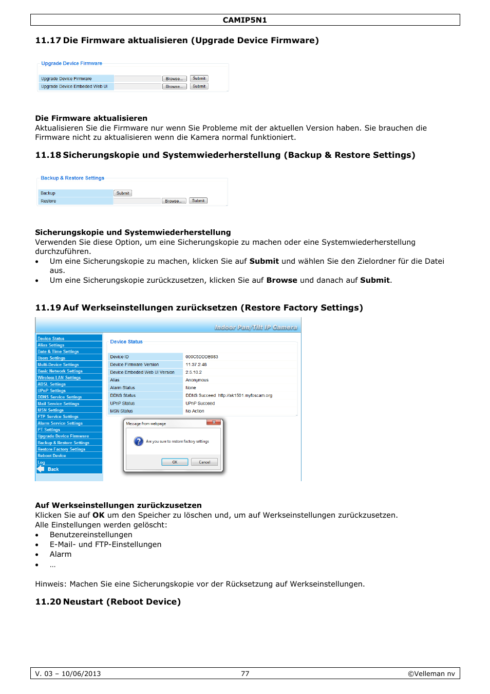 Die firmware aktualisieren, Sicherungskopie und systemwiederherstellung, Auf werkseinstellungen zurückzusetzen | 20 neustart (reboot device) | Velleman CAMIP5N1 User manual User Manual | Page 77 / 114