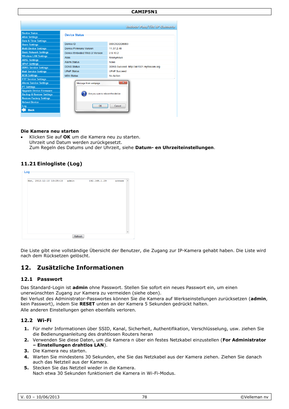 Die kamera neu starten, 21 einlogliste (log), Zusätzliche informationen | 1 passwort, 2 wi-fi | Velleman CAMIP5N1 User manual User Manual | Page 78 / 114