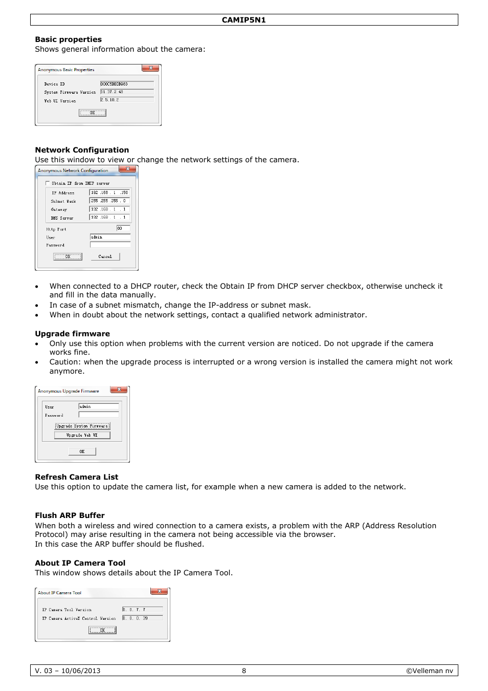 Basic properties, Network configuration, Upgrade firmware | Refresh camera list, Flush arp buffer, About ip camera tool | Velleman CAMIP5N1 User manual User Manual | Page 8 / 114