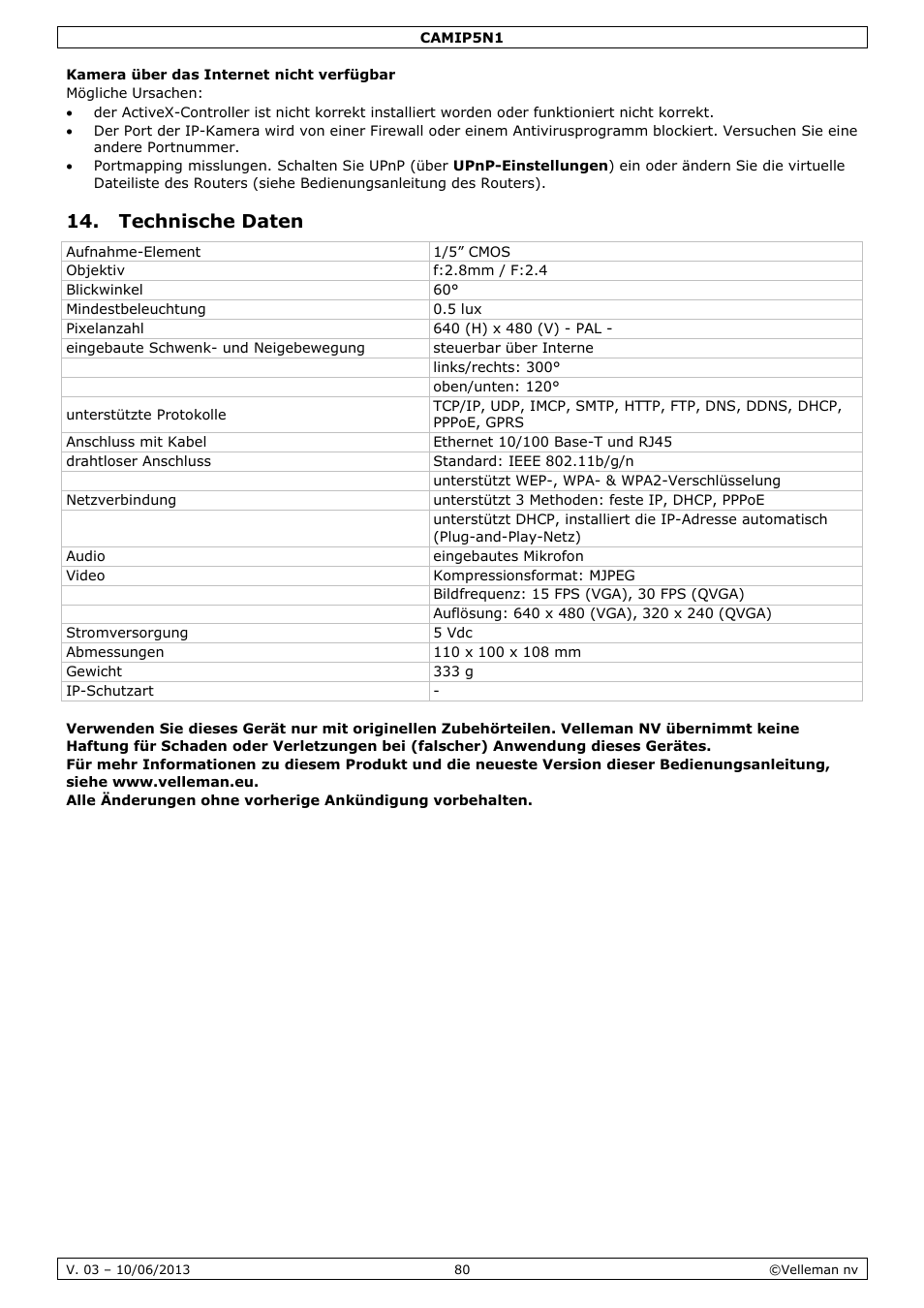 Kamera über das internet nicht verfügbar, Technische daten | Velleman CAMIP5N1 User manual User Manual | Page 80 / 114