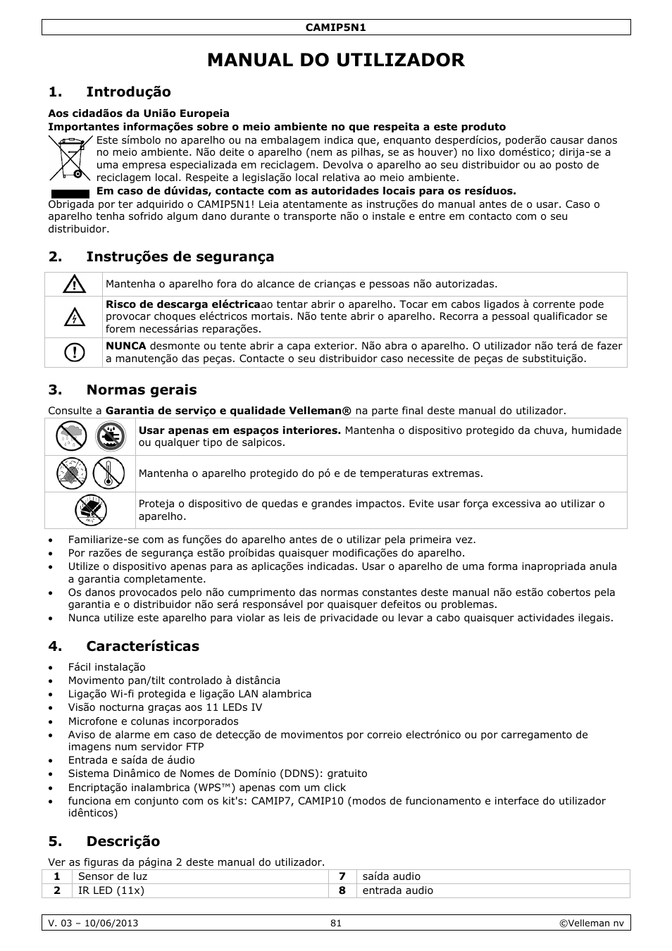 Manual do utilizador, Introdução, Instruções de segurança | Normas gerais, Características, Descrição | Velleman CAMIP5N1 User manual User Manual | Page 81 / 114