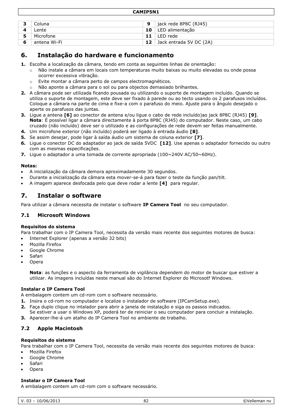 Instalação do hardware e funcionamento, Notas, Instalar o software | 1 microsoft windows, Requisitos do sistema, Instalar o ip camera tool, 2 apple macintosh | Velleman CAMIP5N1 User manual User Manual | Page 82 / 114