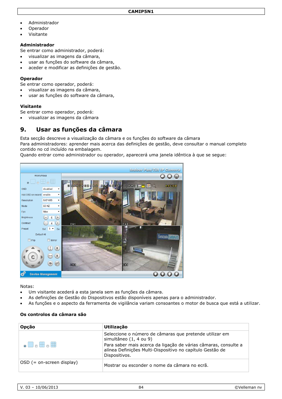 Administrador, Operador, Visitante | Usar as funções da câmara | Velleman CAMIP5N1 User manual User Manual | Page 84 / 114