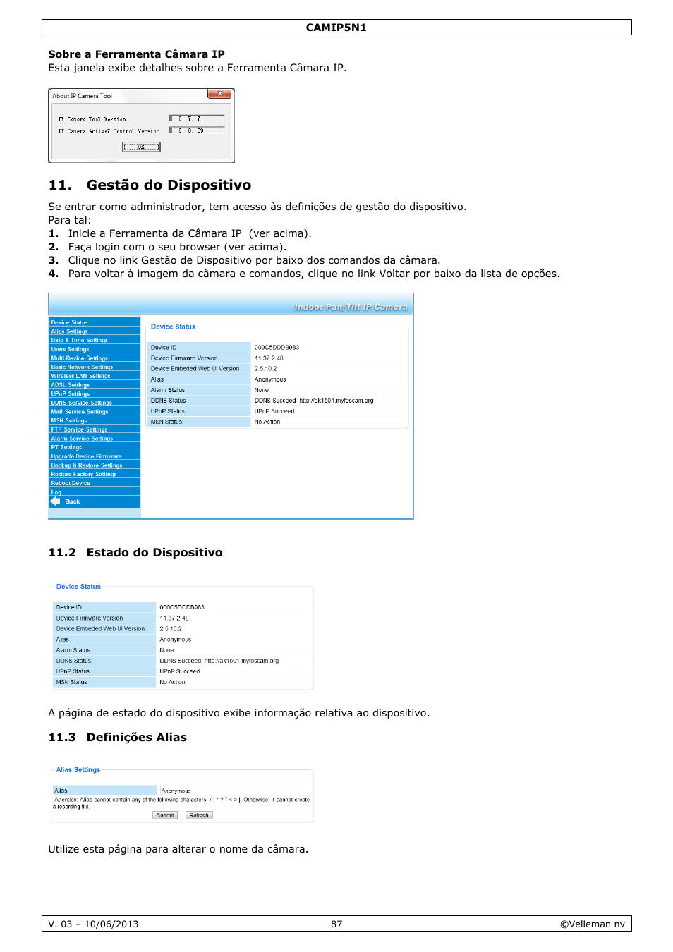 Sobre a ferramenta câmara ip, Gestão do dispositivo, 2 estado do dispositivo | 3 definições alias | Velleman CAMIP5N1 User manual User Manual | Page 87 / 114