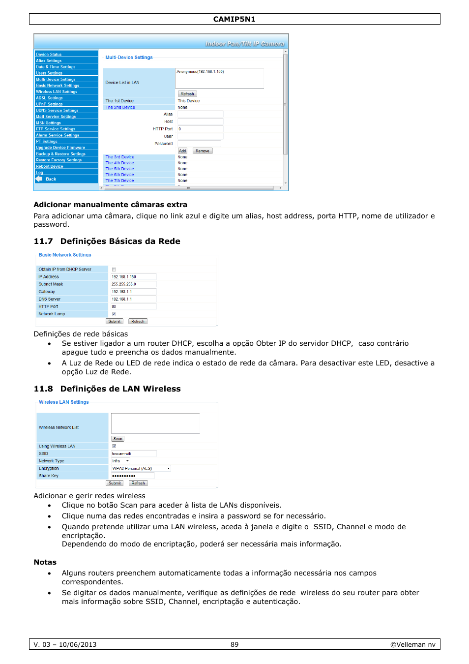 Adicionar manualmente câmaras extra, 7 definições básicas da rede, 8 definições de lan wireless | Notas | Velleman CAMIP5N1 User manual User Manual | Page 89 / 114