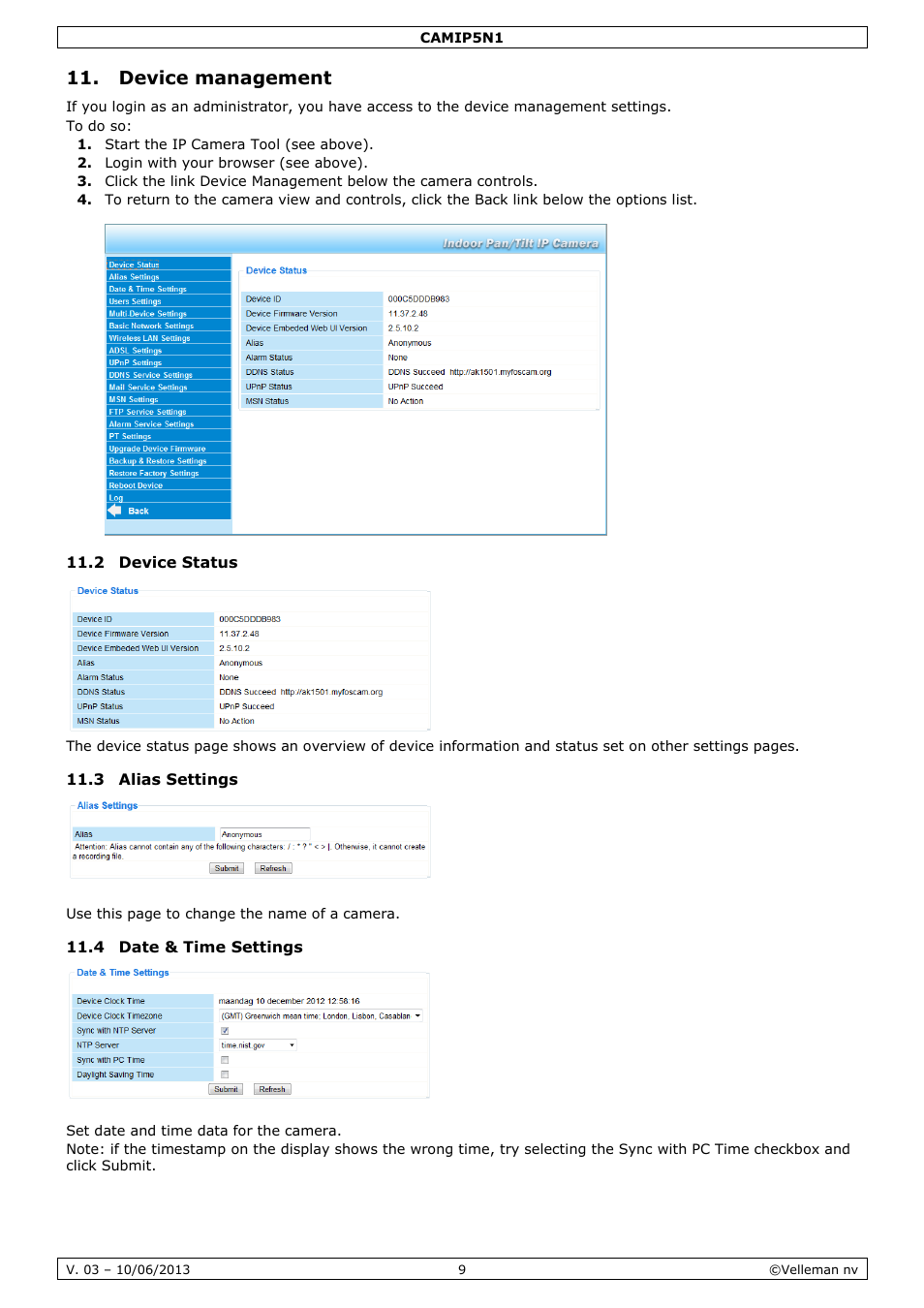 Device management, 2 device status, 3 alias settings | 4 date & time settings | Velleman CAMIP5N1 User manual User Manual | Page 9 / 114