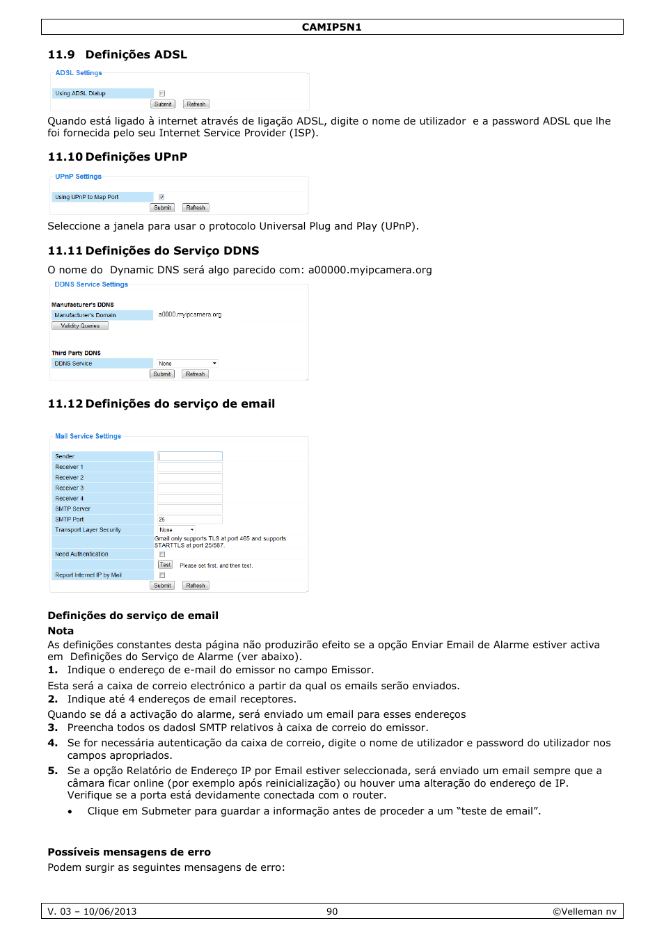 9 definições adsl, 10 definições upnp, 11 definições do serviço ddns | 12 definições do serviço de email, Definições do serviço de email, Possíveis mensagens de erro | Velleman CAMIP5N1 User manual User Manual | Page 90 / 114