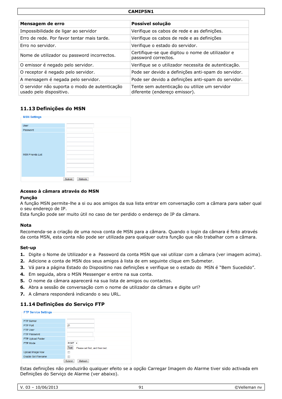 13 definições do msn, Acesso à câmara através do msn, Nota | Set-up, 14 definições do serviço ftp | Velleman CAMIP5N1 User manual User Manual | Page 91 / 114