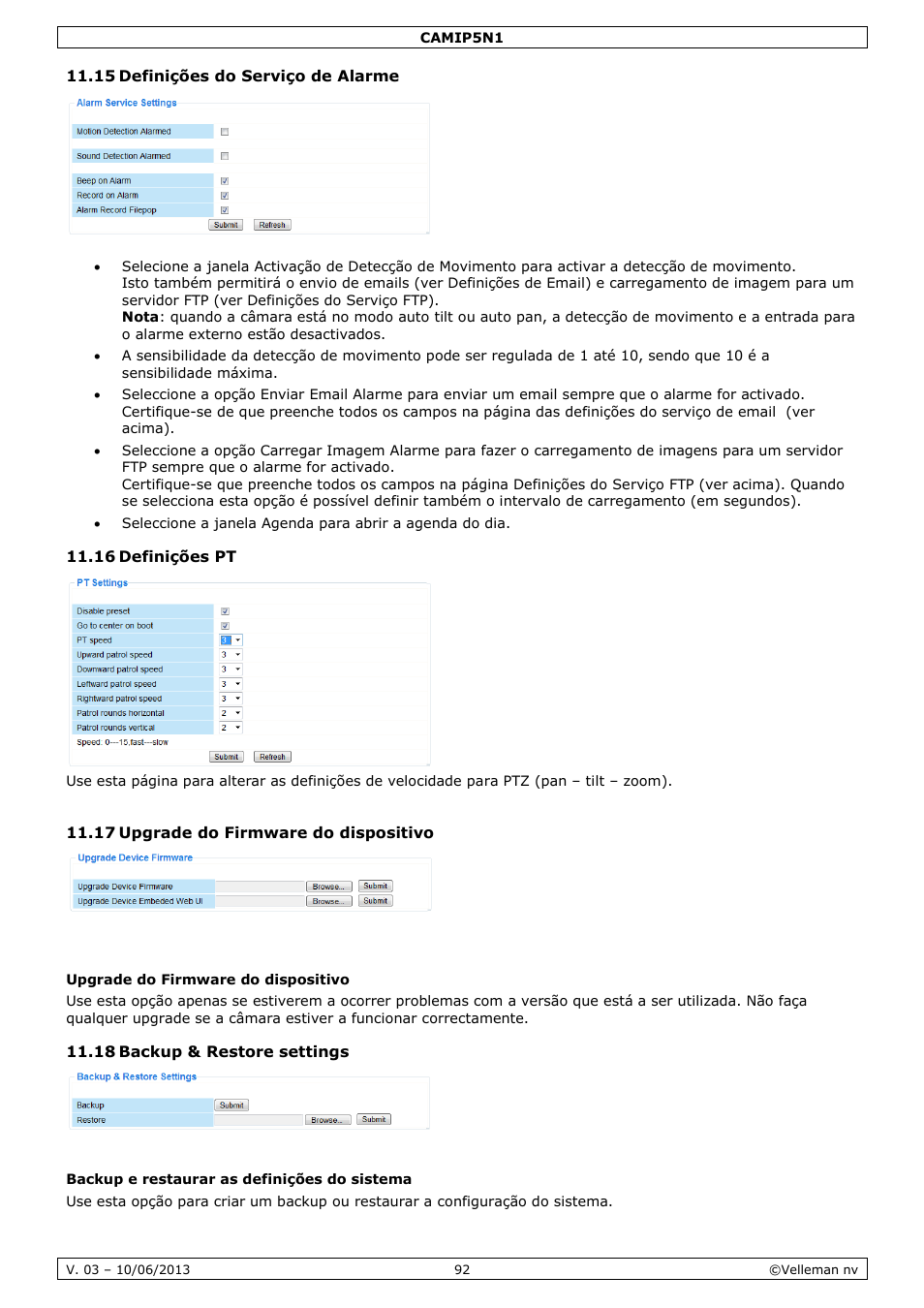 15 definições do serviço de alarme, 16 definições pt, 17 upgrade do firmware do dispositivo | Upgrade do firmware do dispositivo, 18 backup & restore settings, Backup e restaurar as definições do sistema | Velleman CAMIP5N1 User manual User Manual | Page 92 / 114