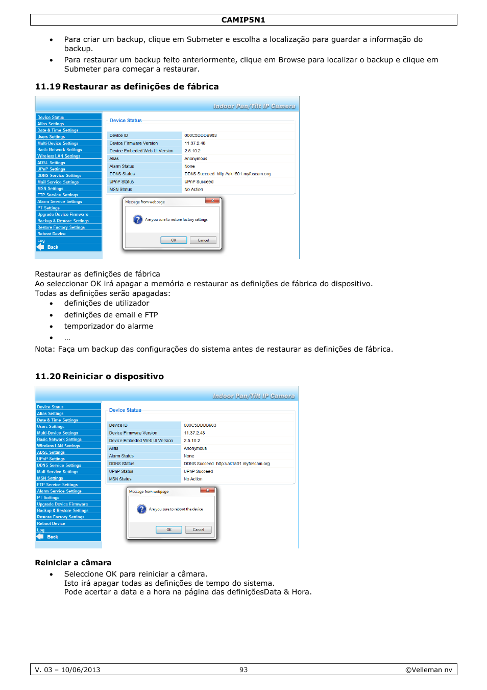 19 restaurar as definições de fábrica, 20 reiniciar o dispositivo, Reiniciar a câmara | Velleman CAMIP5N1 User manual User Manual | Page 93 / 114