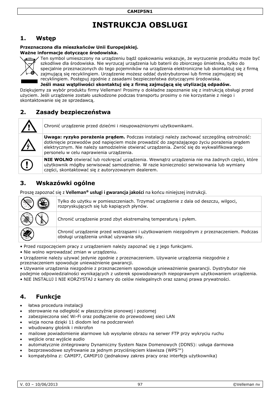 Instrukcja obslugi, Wstęp, Zasady bezpieczeństwa | Wskazówki ogólne, Funkcje | Velleman CAMIP5N1 User manual User Manual | Page 97 / 114