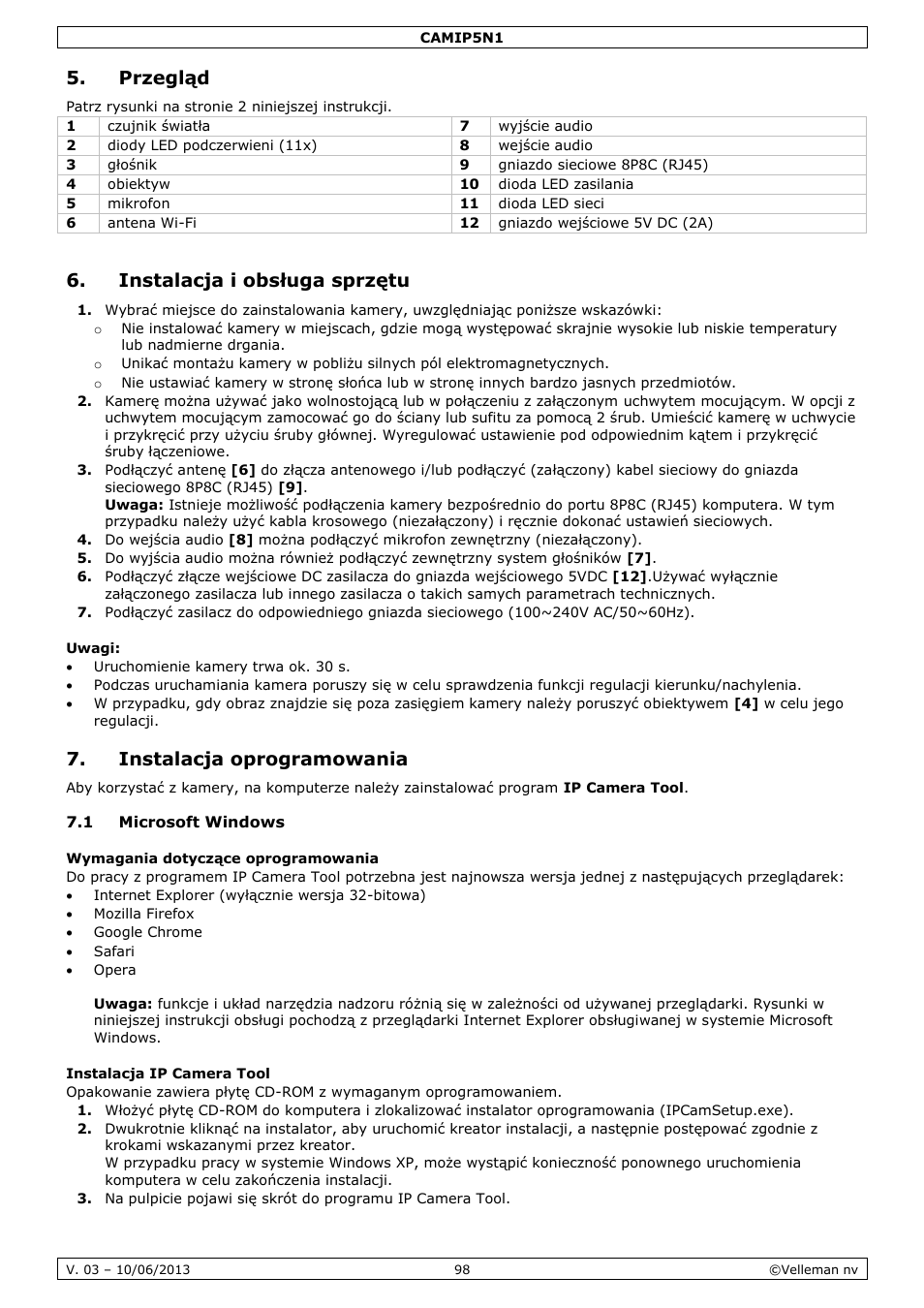 Przegląd, Instalacja i obsługa sprzętu, Uwagi | Instalacja oprogramowania, 1 microsoft windows, Wymagania dotyczące oprogramowania, Instalacja ip camera tool | Velleman CAMIP5N1 User manual User Manual | Page 98 / 114