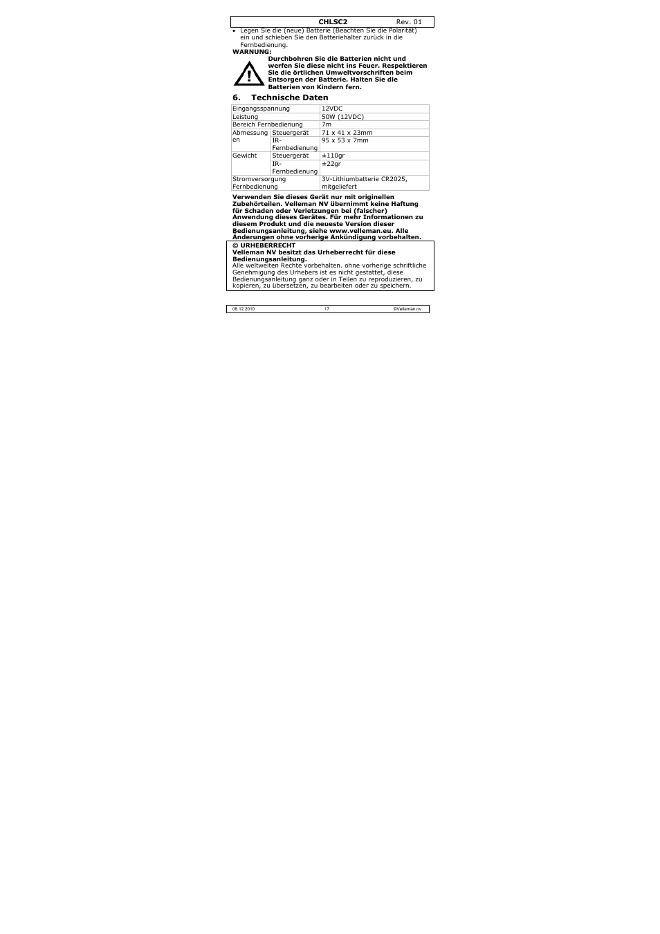 Velleman CHLSC2 User Manual | Page 17 / 22