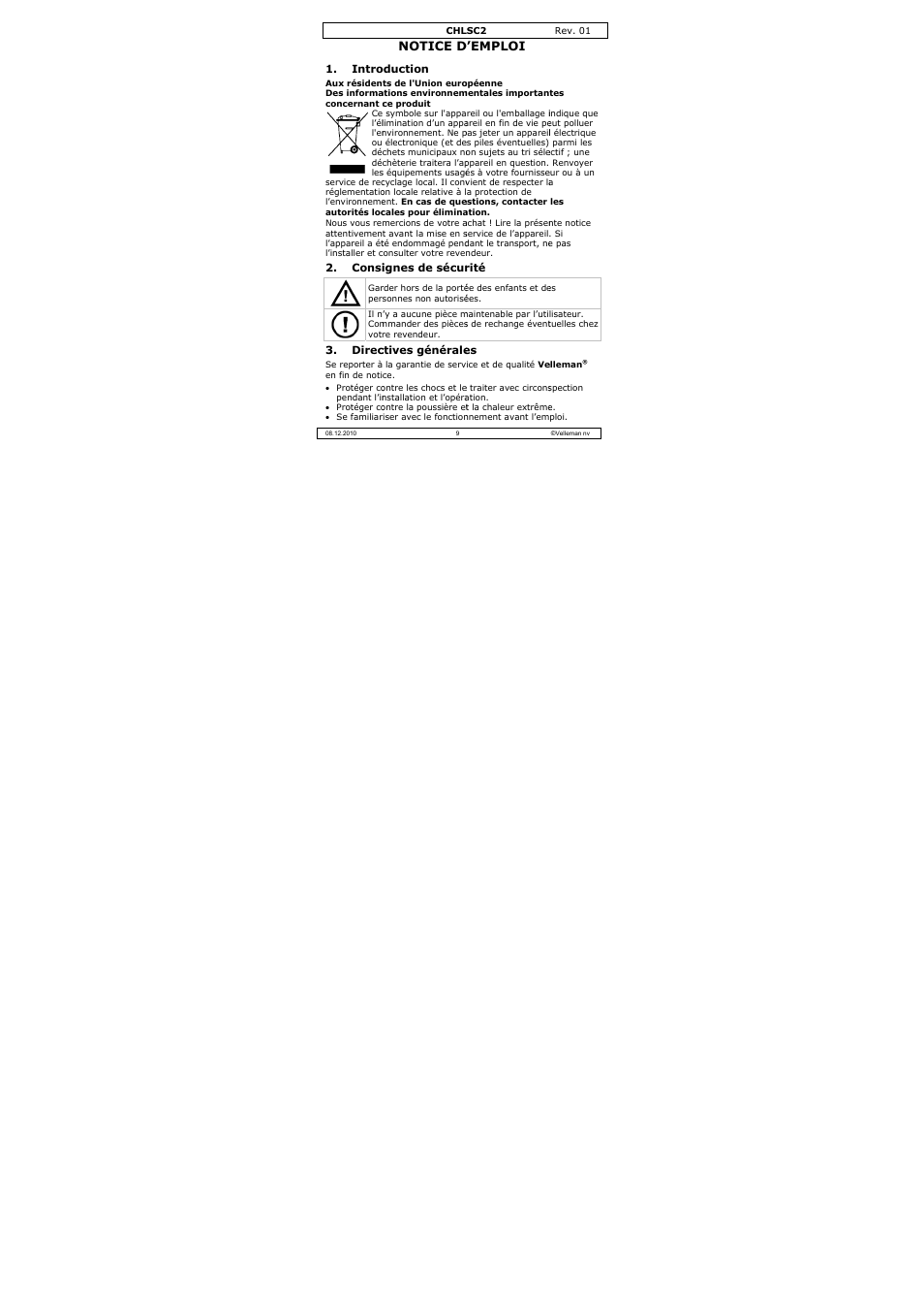 Notice d, D’emploi | Velleman CHLSC2 User Manual | Page 9 / 22