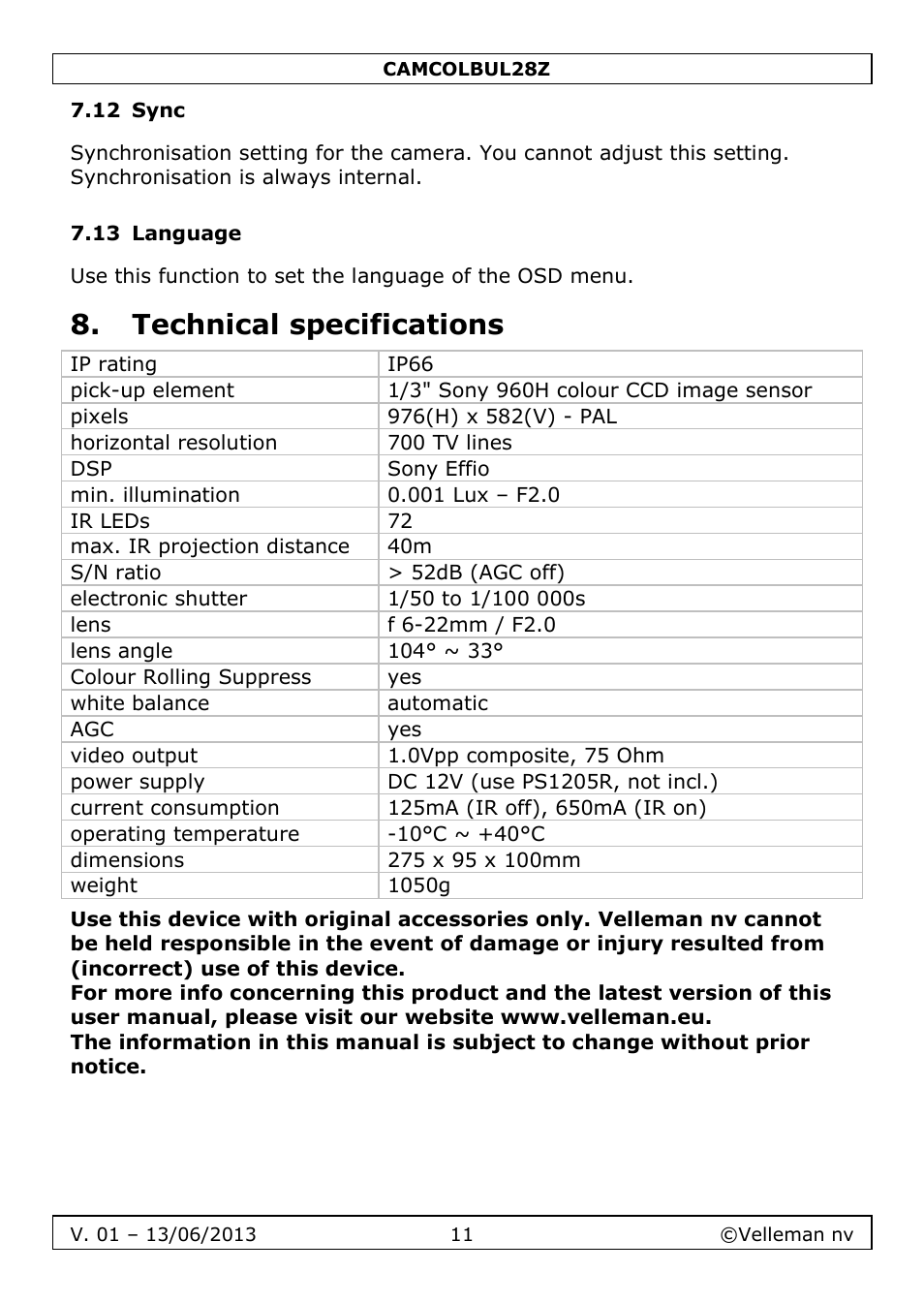 12 sync, 13 language, Technical specifications | Velleman CAMCOLBUL28Z User Manual | Page 11 / 56