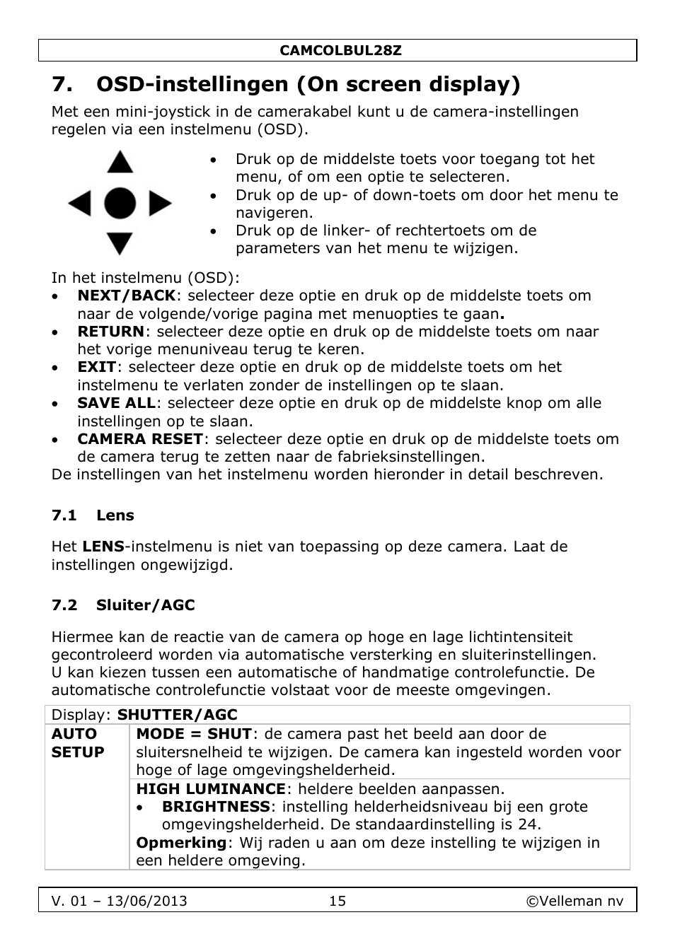 Osd-instellingen (on screen display), 1 lens, 2 sluiter/agc | Velleman CAMCOLBUL28Z User Manual | Page 15 / 56