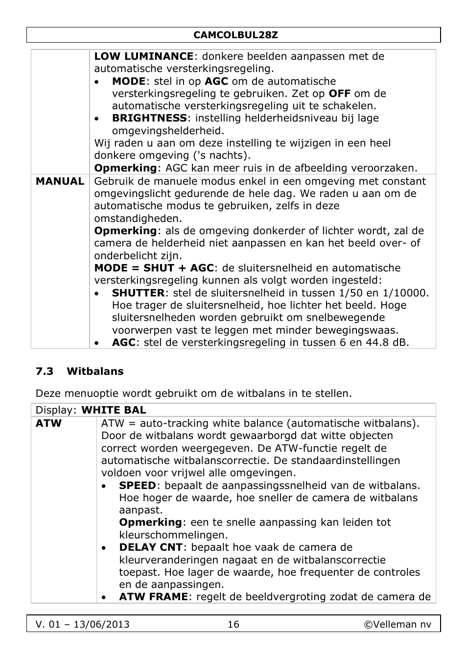 3 witbalans | Velleman CAMCOLBUL28Z User Manual | Page 16 / 56