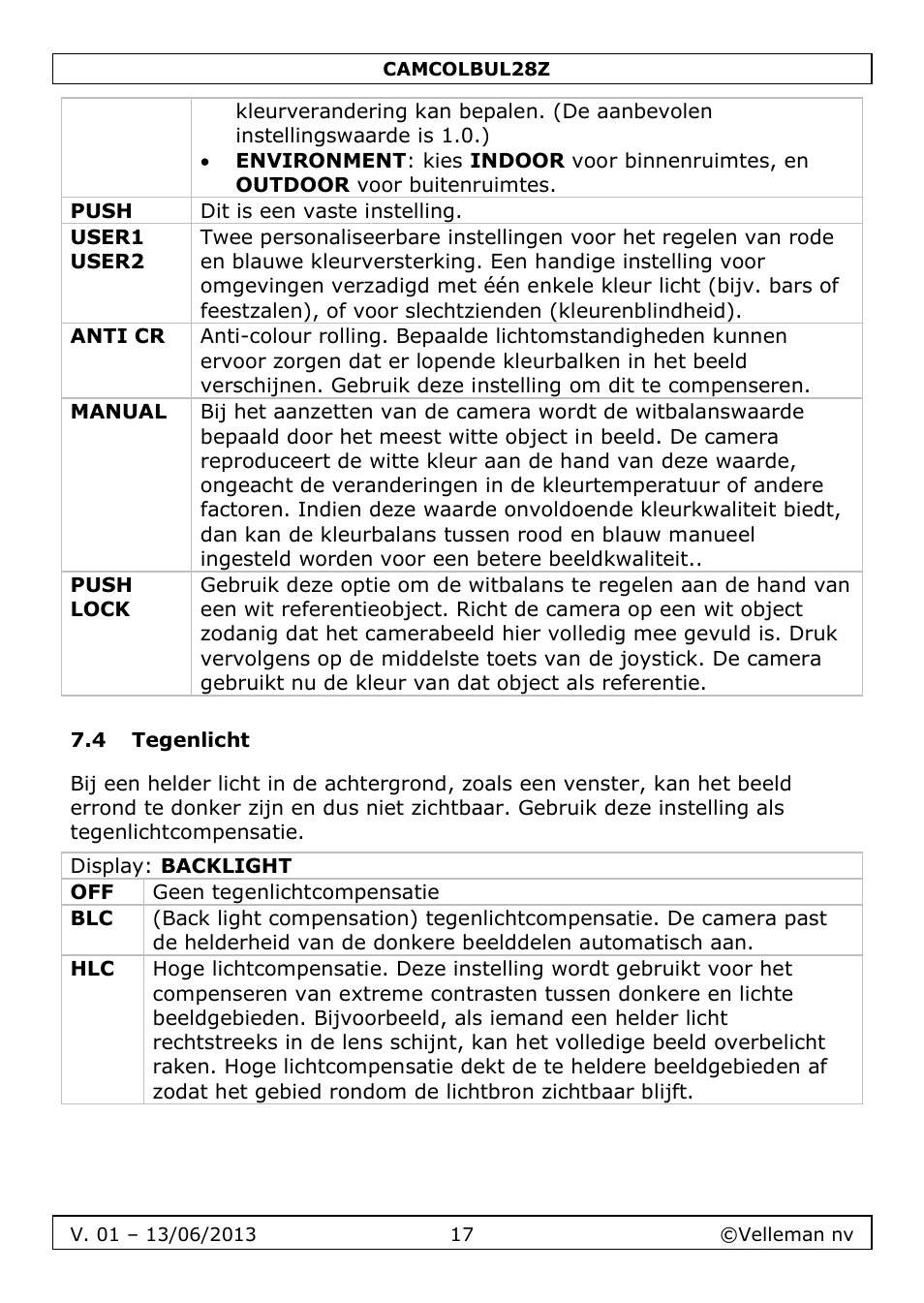 4 tegenlicht | Velleman CAMCOLBUL28Z User Manual | Page 17 / 56