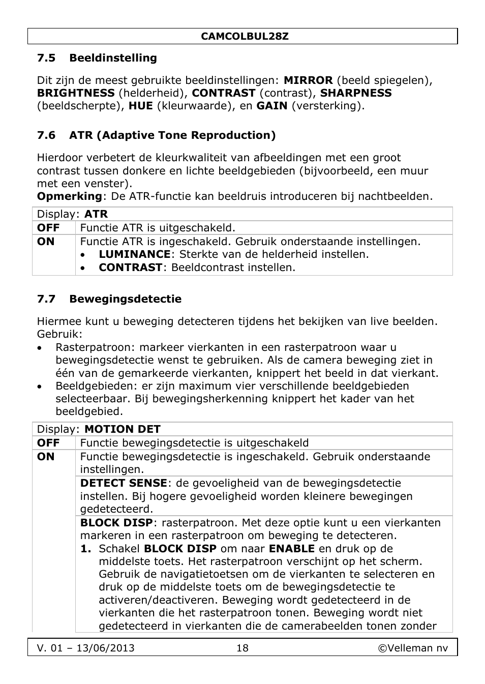 5 beeldinstelling, 6 atr (adaptive tone reproduction), 7 bewegingsdetectie | Velleman CAMCOLBUL28Z User Manual | Page 18 / 56