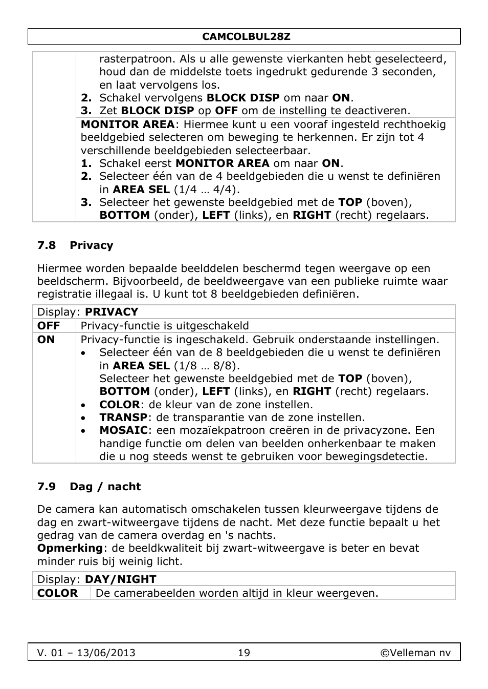 8 privacy, 9 dag / nacht | Velleman CAMCOLBUL28Z User Manual | Page 19 / 56