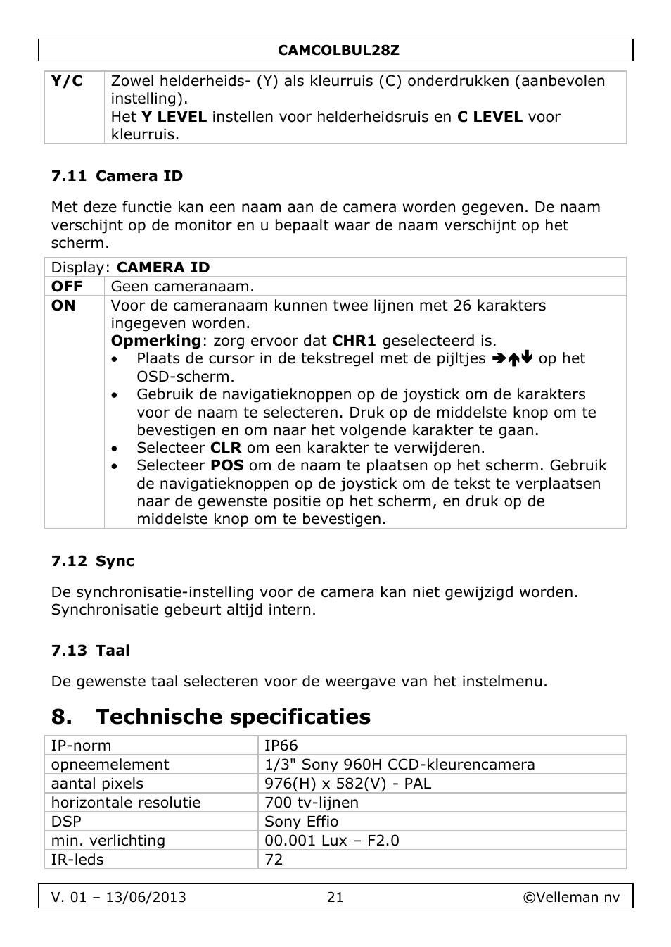 11 camera id, 12 sync, 13 taal | Technische specificaties | Velleman CAMCOLBUL28Z User Manual | Page 21 / 56