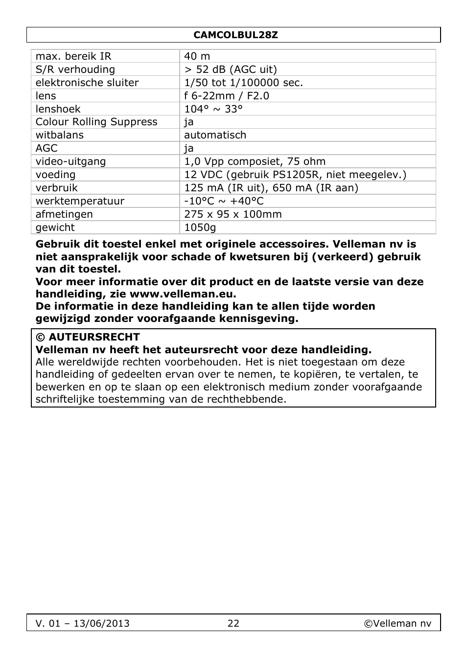 Velleman CAMCOLBUL28Z User Manual | Page 22 / 56