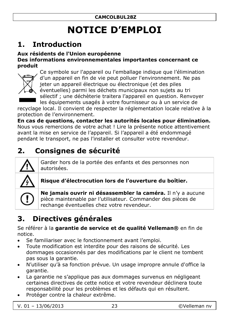 Notice d’emploi, Introduction, Consignes de sécurité | Directives générales | Velleman CAMCOLBUL28Z User Manual | Page 23 / 56