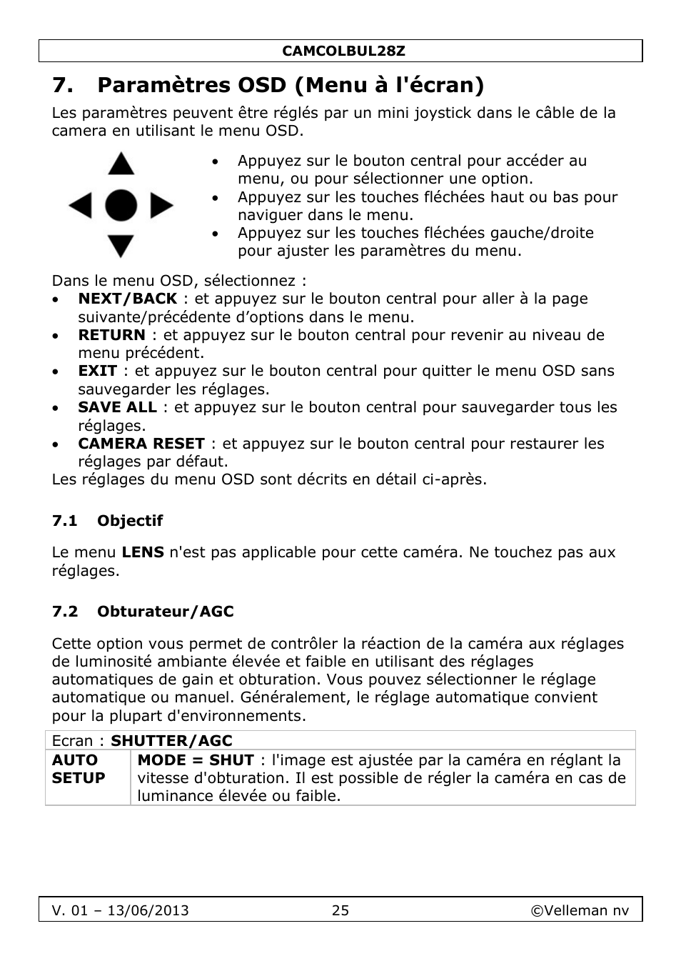 Paramètres osd (menu à l'écran), 1 objectif, 2 obturateur/agc | Velleman CAMCOLBUL28Z User Manual | Page 25 / 56