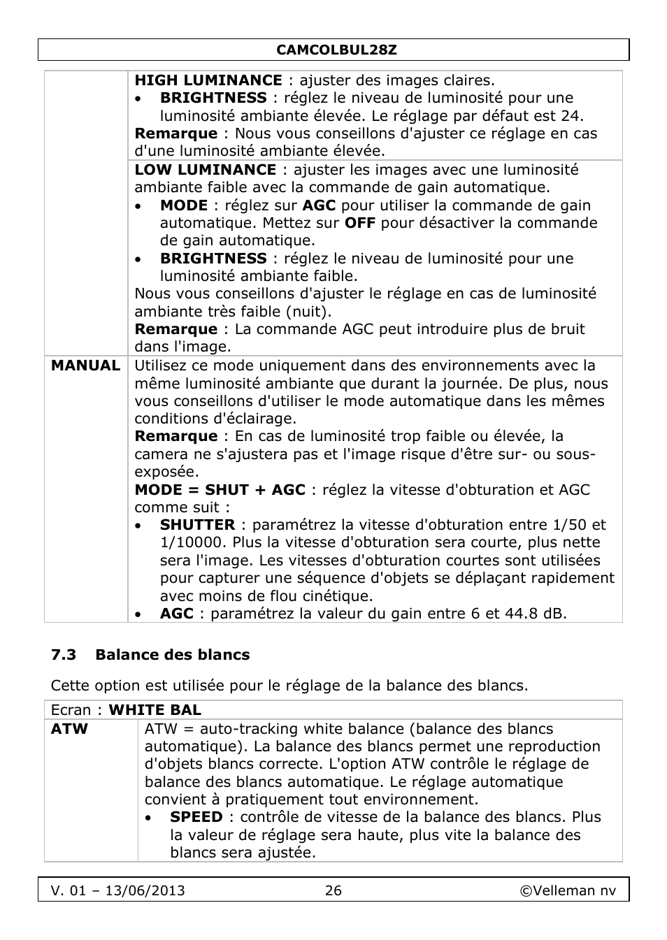 3 balance des blancs | Velleman CAMCOLBUL28Z User Manual | Page 26 / 56