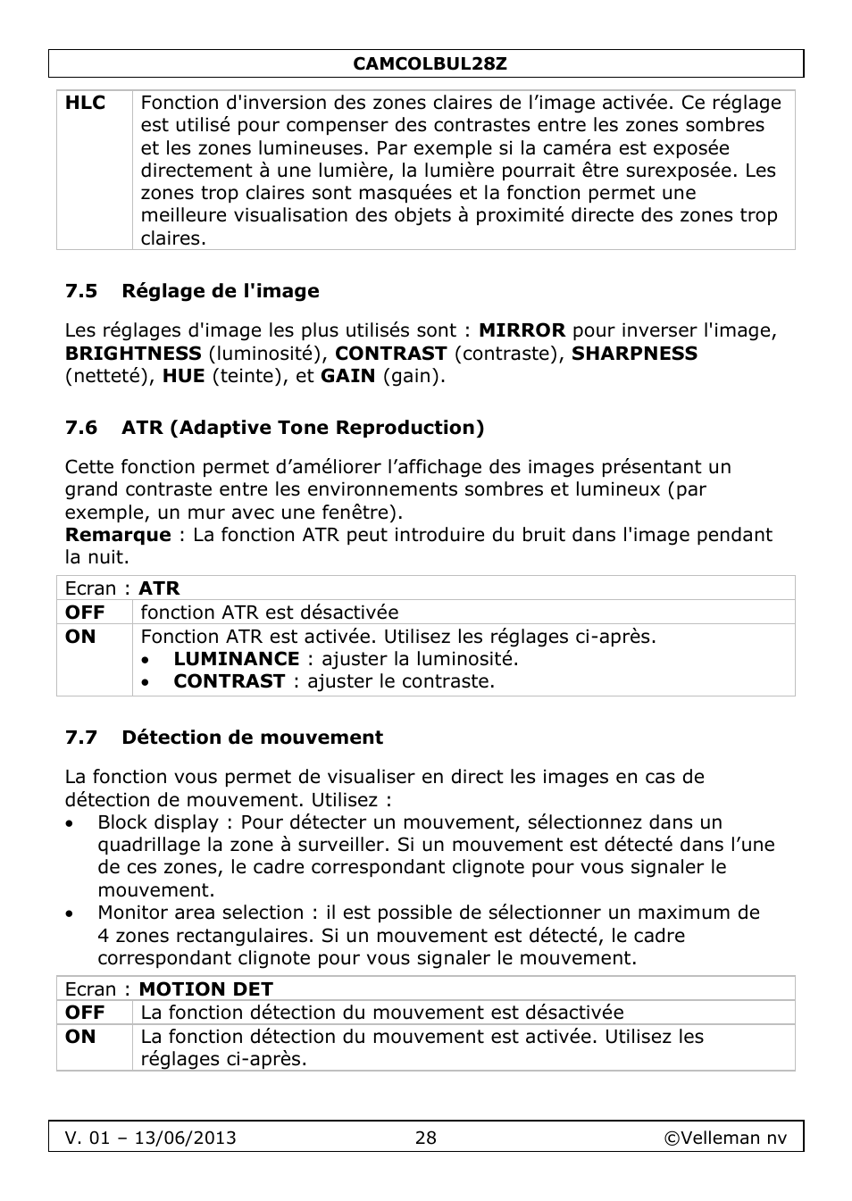 5 réglage de l'image, 6 atr (adaptive tone reproduction), 7 détection de mouvement | Velleman CAMCOLBUL28Z User Manual | Page 28 / 56