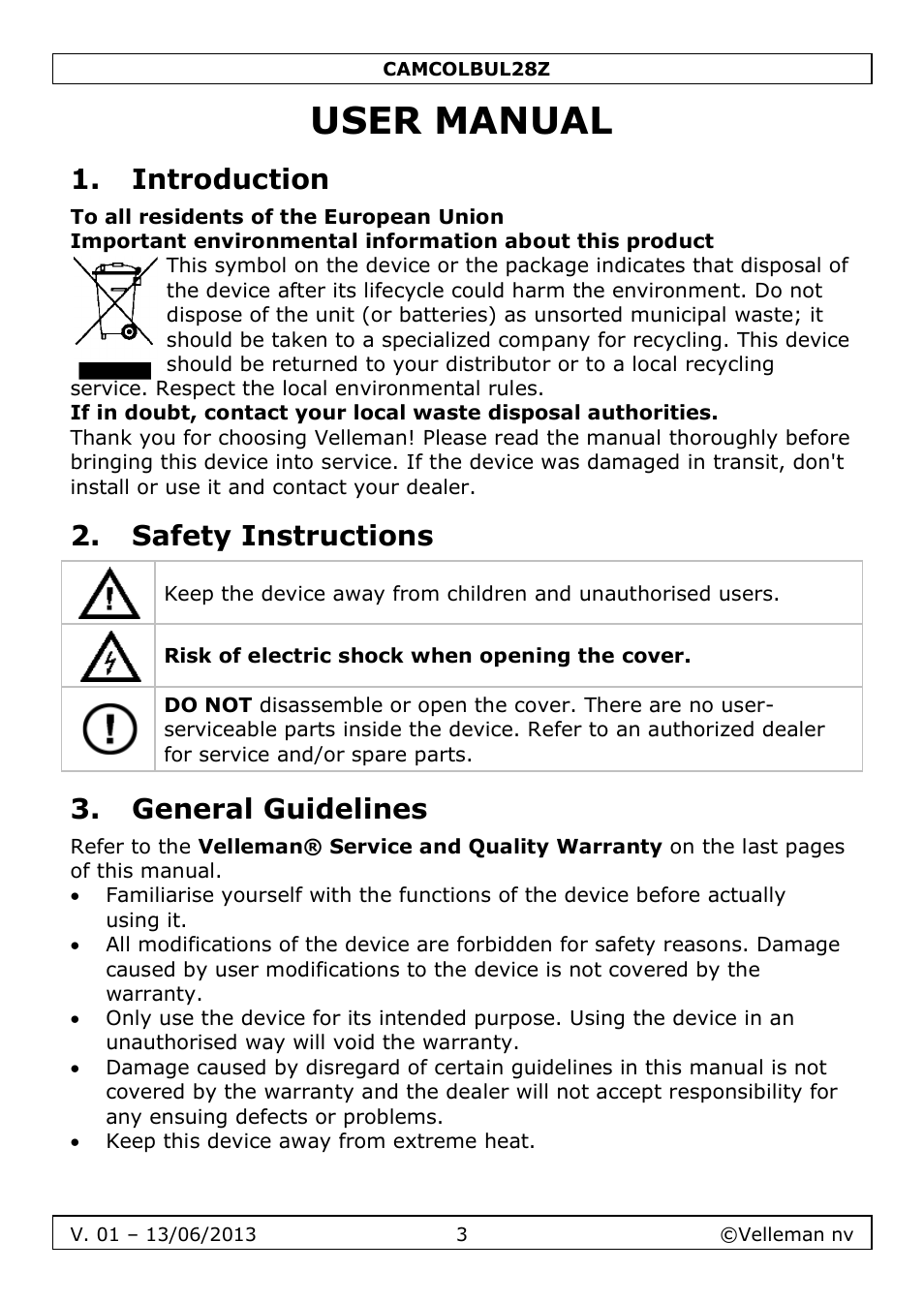 User manual, Introduction, Safety instructions | General guidelines | Velleman CAMCOLBUL28Z User Manual | Page 3 / 56