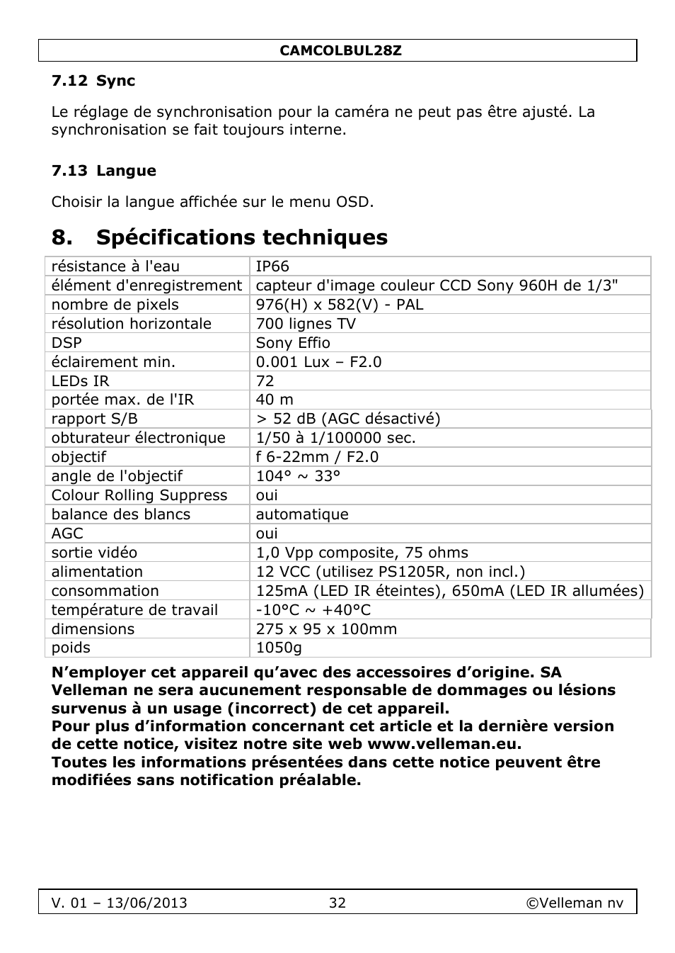 12 sync, 13 langue, Spécifications techniques | Velleman CAMCOLBUL28Z User Manual | Page 32 / 56