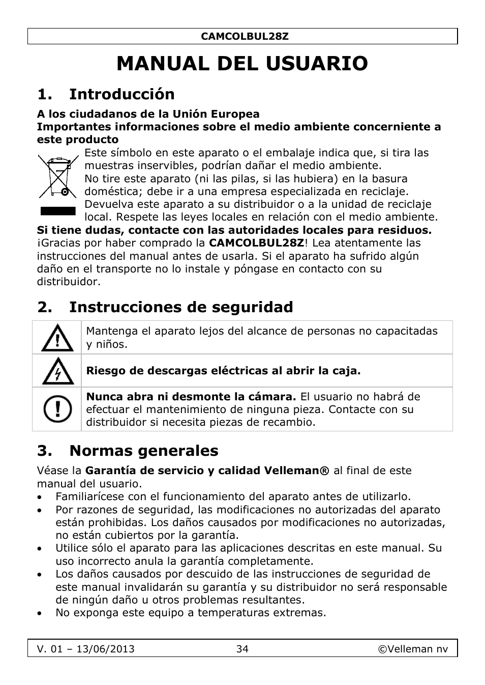 Manual del usuario, Introducción, Instrucciones de seguridad | Normas generales | Velleman CAMCOLBUL28Z User Manual | Page 34 / 56