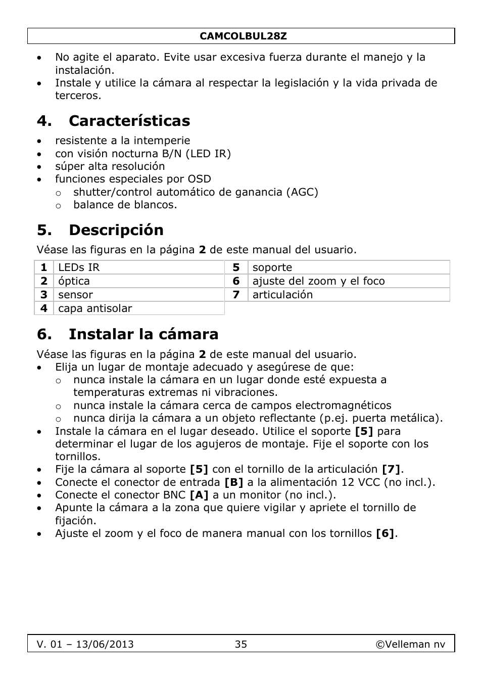 Características, Descripción, Instalar la cámara | Velleman CAMCOLBUL28Z User Manual | Page 35 / 56