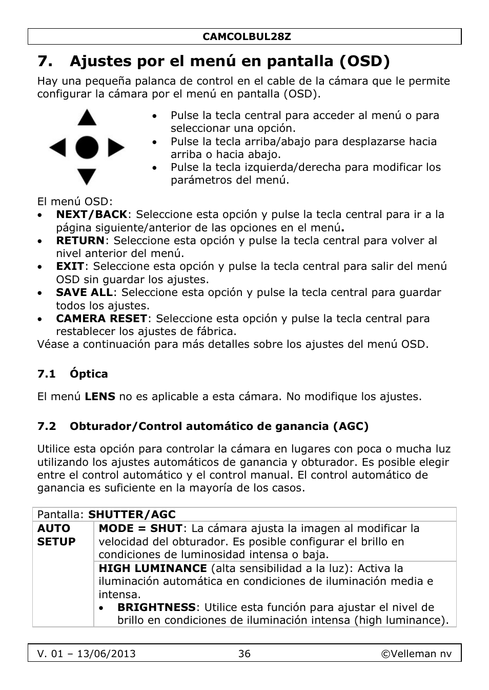 Ajustes por el menú en pantalla (osd), 1 óptica, 2 obturador/control automático de ganancia (agc) | Velleman CAMCOLBUL28Z User Manual | Page 36 / 56