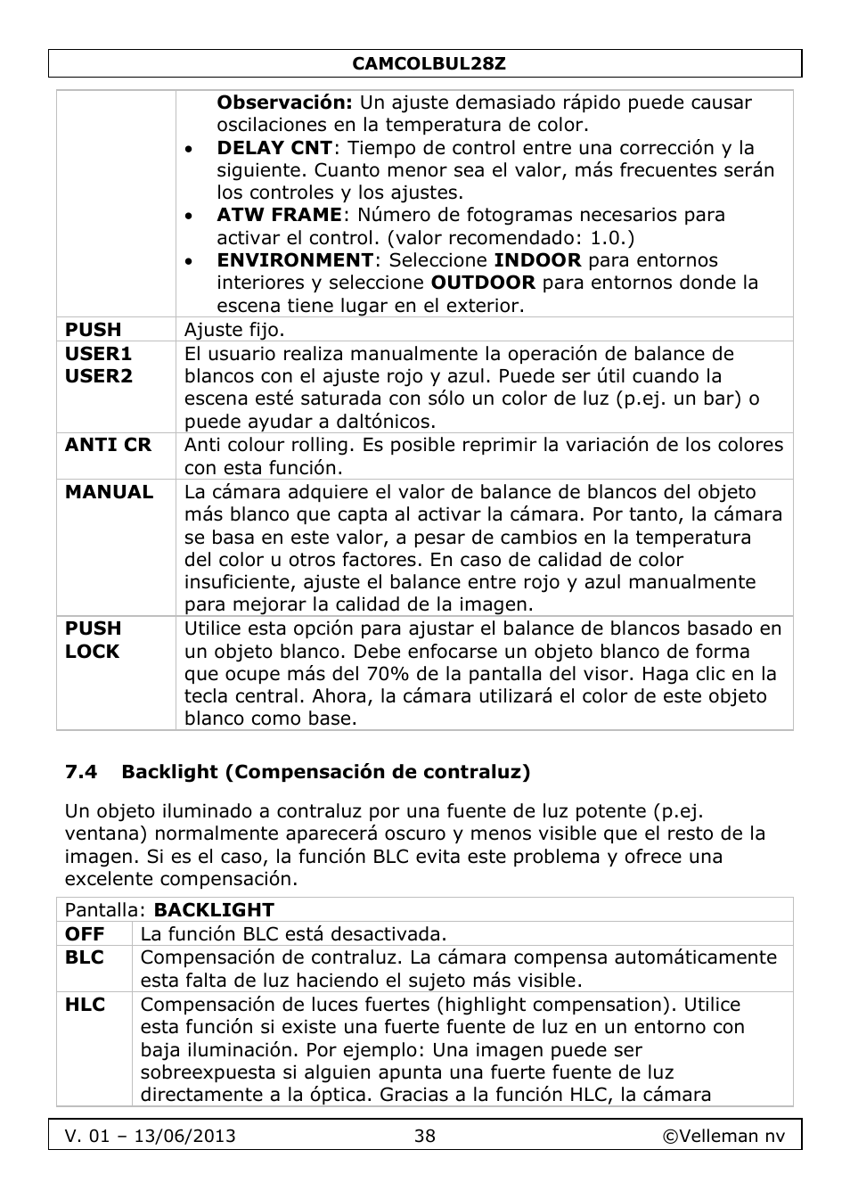 4 backlight (compensación de contraluz) | Velleman CAMCOLBUL28Z User Manual | Page 38 / 56