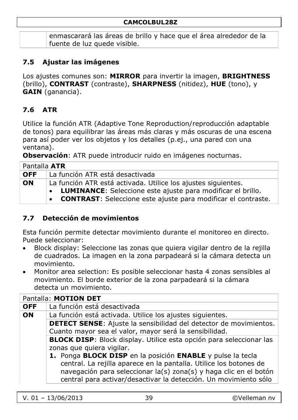 5 ajustar las imágenes, 6 atr, 7 detección de movimientos | Velleman CAMCOLBUL28Z User Manual | Page 39 / 56