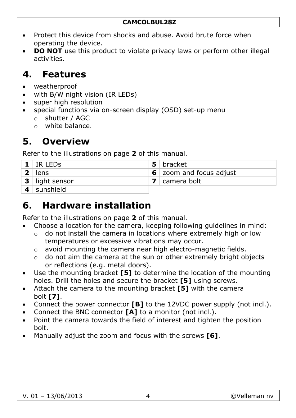 Features, Overview, Hardware installation | Velleman CAMCOLBUL28Z User Manual | Page 4 / 56