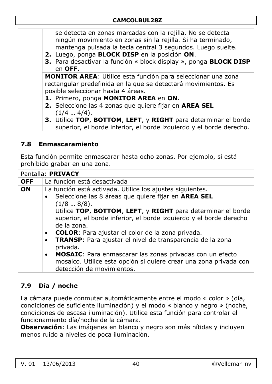 8 enmascaramiento, 9 día / noche | Velleman CAMCOLBUL28Z User Manual | Page 40 / 56