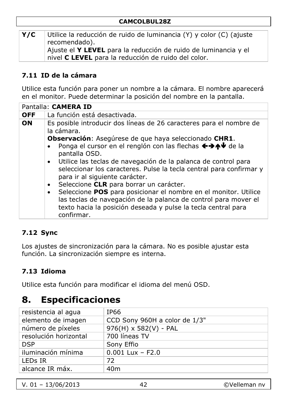 11 id de la cámara, 12 sync, 13 idioma | Especificaciones | Velleman CAMCOLBUL28Z User Manual | Page 42 / 56