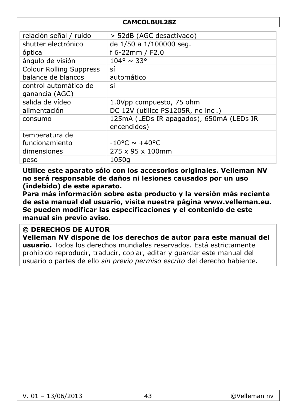 Velleman CAMCOLBUL28Z User Manual | Page 43 / 56