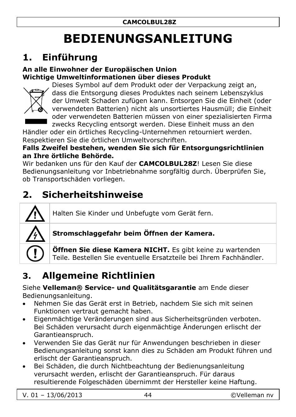 Bedienungsanleitung, Einführung, Sicherheitshinweise | Allgemeine richtlinien | Velleman CAMCOLBUL28Z User Manual | Page 44 / 56