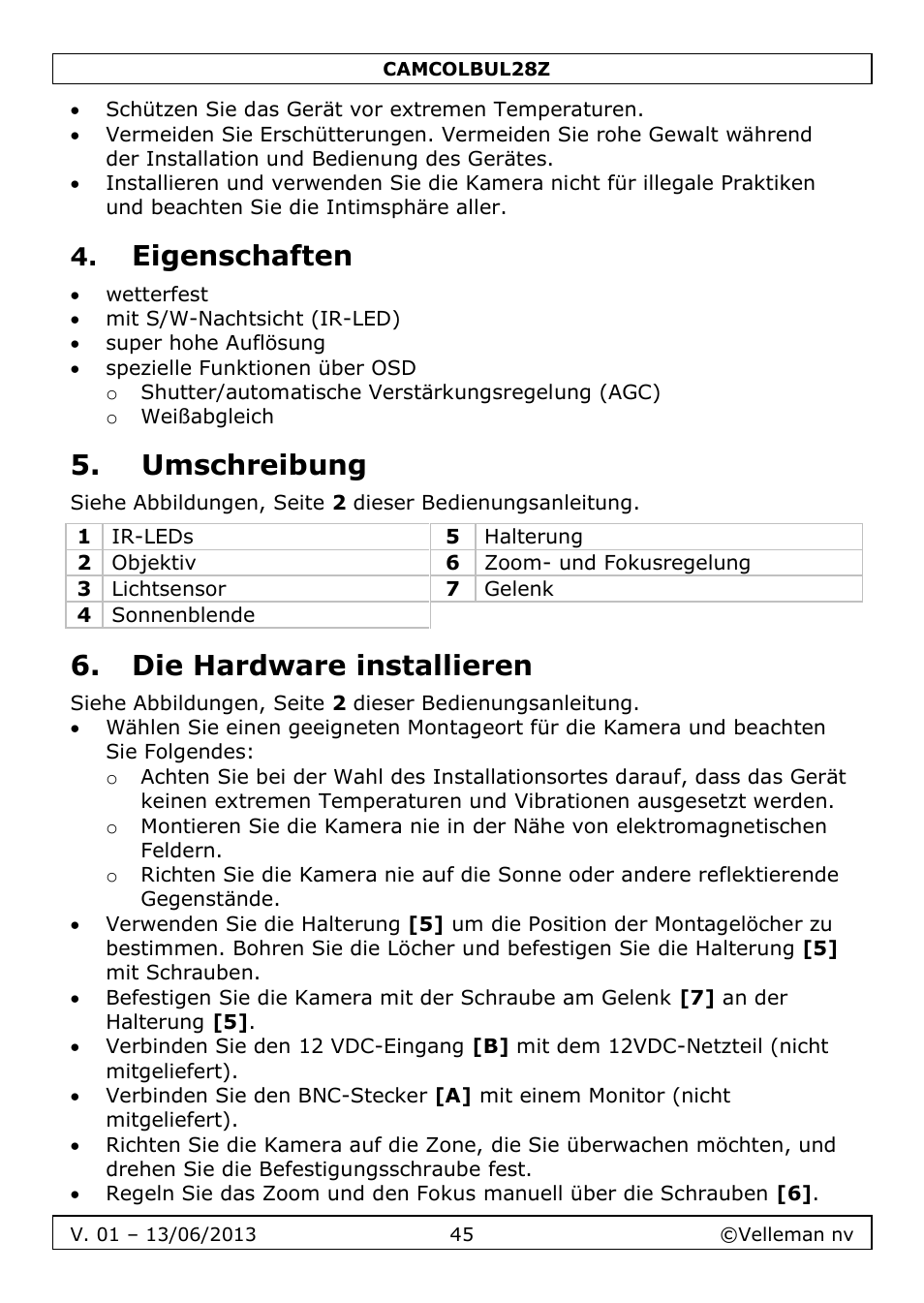 Eigenschaften, Umschreibung, Die hardware installieren | Velleman CAMCOLBUL28Z User Manual | Page 45 / 56