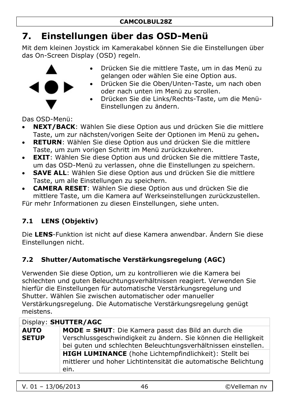 Einstellungen über das osd-menü, 1 lens (objektiv), 2 shutter/automatische verstärkungsregelung (agc) | Velleman CAMCOLBUL28Z User Manual | Page 46 / 56