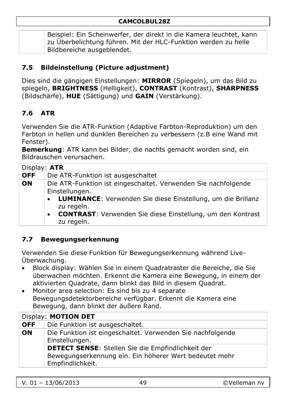 5 bildeinstellung (picture adjustment), 6 atr, 7 bewegungserkennung | Velleman CAMCOLBUL28Z User Manual | Page 49 / 56