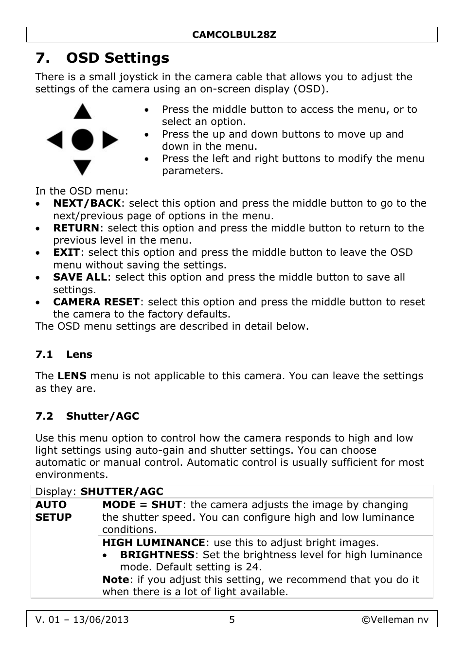 Osd settings, 1 lens, 2 shutter/agc | Velleman CAMCOLBUL28Z User Manual | Page 5 / 56