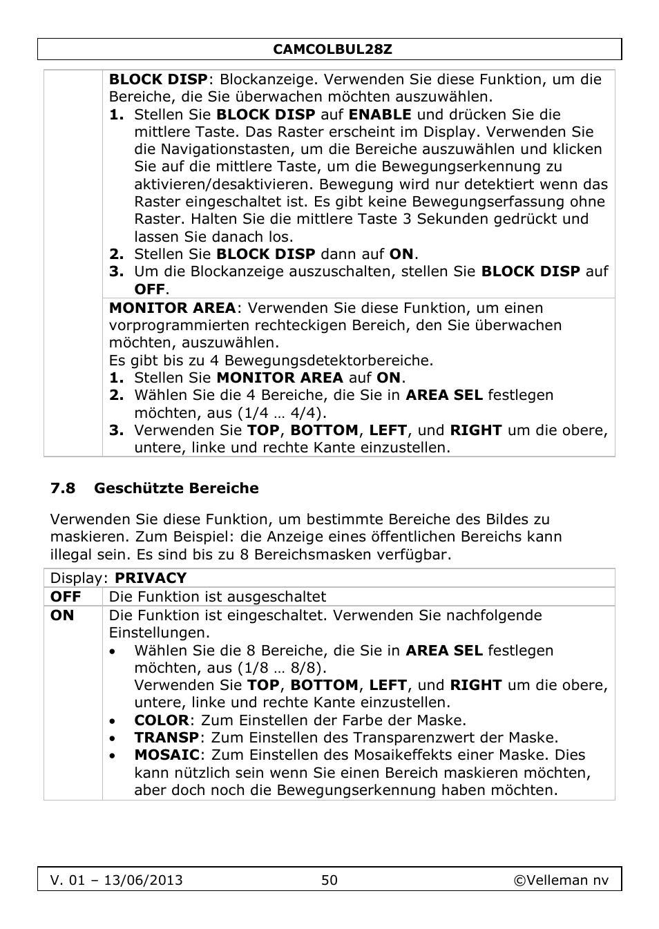 8 geschützte bereiche | Velleman CAMCOLBUL28Z User Manual | Page 50 / 56